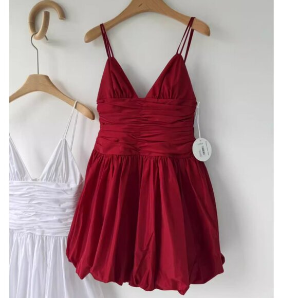 STAUD x Mytheresa Loren Ruched Taffeta Mini Dress Sz0 Rouge Lipstick Red - Picture 7 of 9